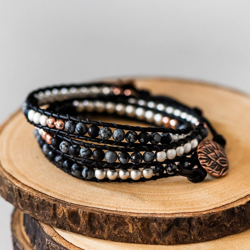 Modern Boho Mixed Jasper & Hematite Black Leather Wrap Bracelet