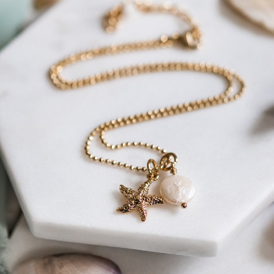 Gold Starfish & Pearl Necklace ~ Gold Filled & Genuine Coin Pearl