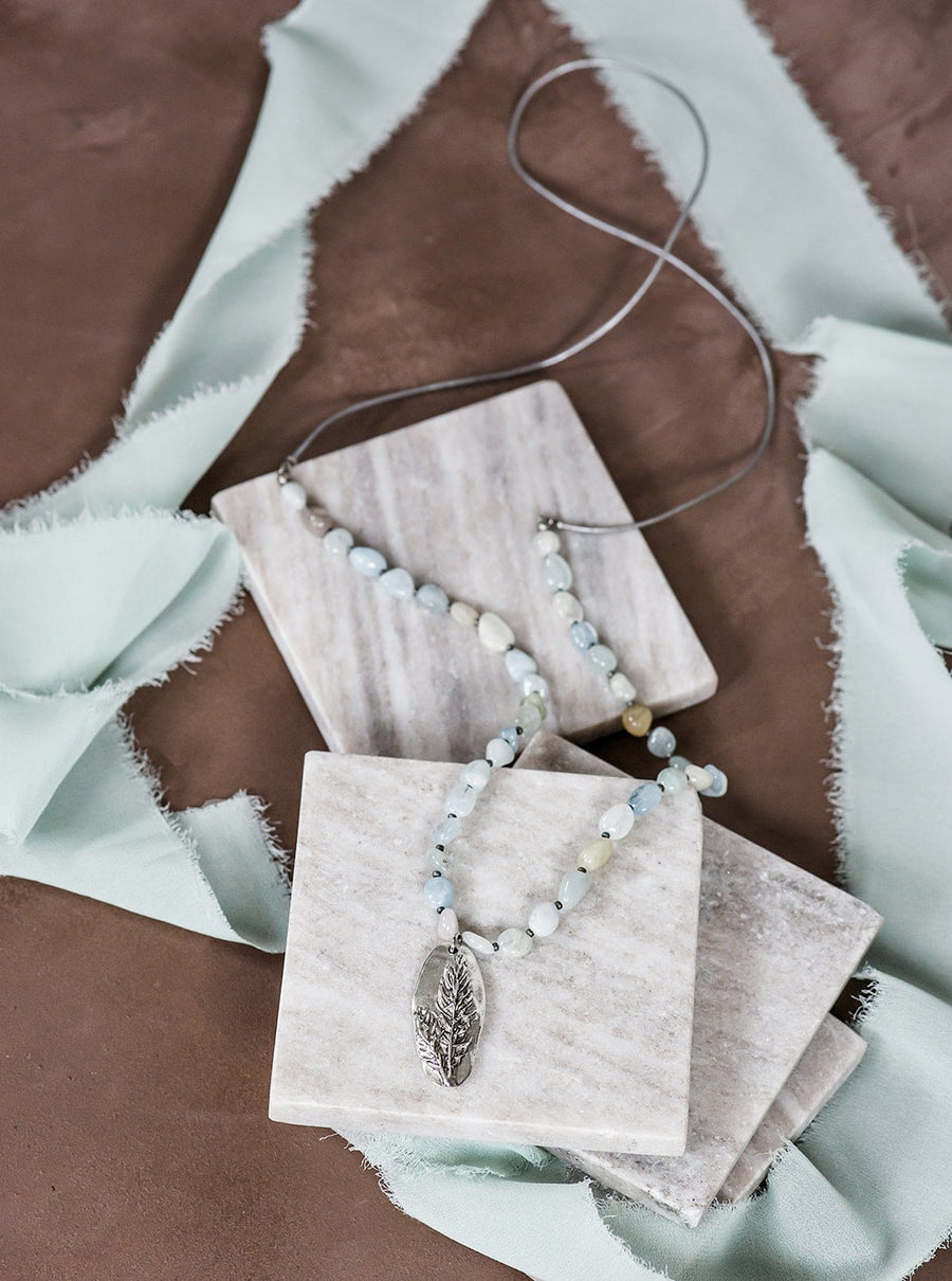 Aquamarine Pebble & Leather Boho Necklace
