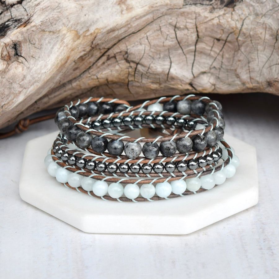 Aquamarine, Hematite, & Larvikite Wrap Bracelet