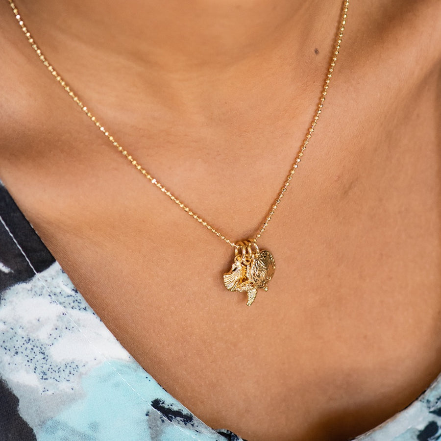 Gold Beach Charms Necklace ~ Starfish, Seashell, & Sand Dollar Necklace