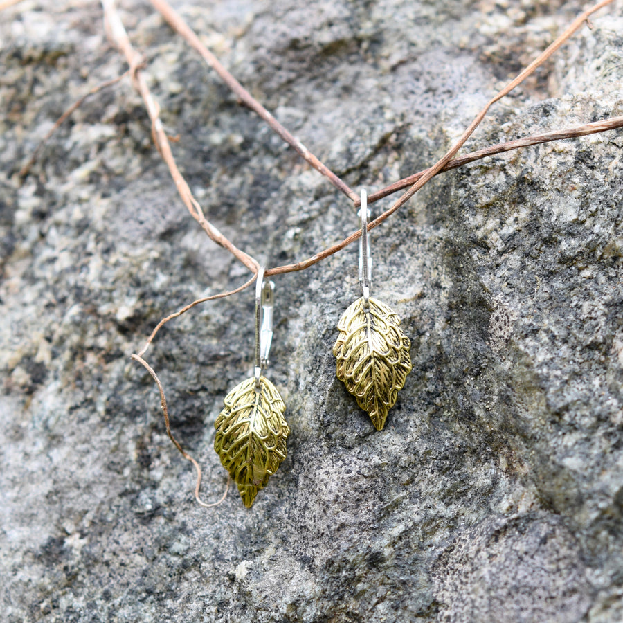 Gold Leaf Drop Earrings, Gold & Silver Two Toned, Antique Finish