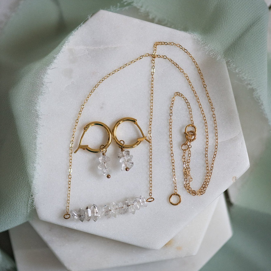 Herkimer bar necklace and herkimer earrings gold