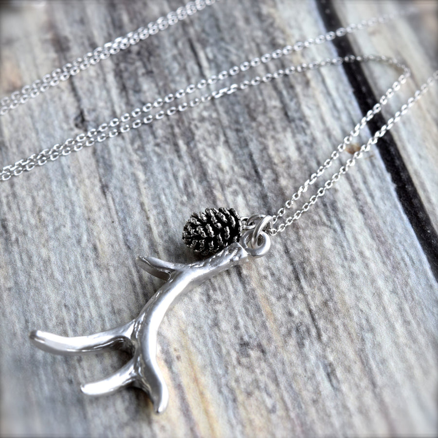 Silver Antler Necklace ~ Silver Pinecone