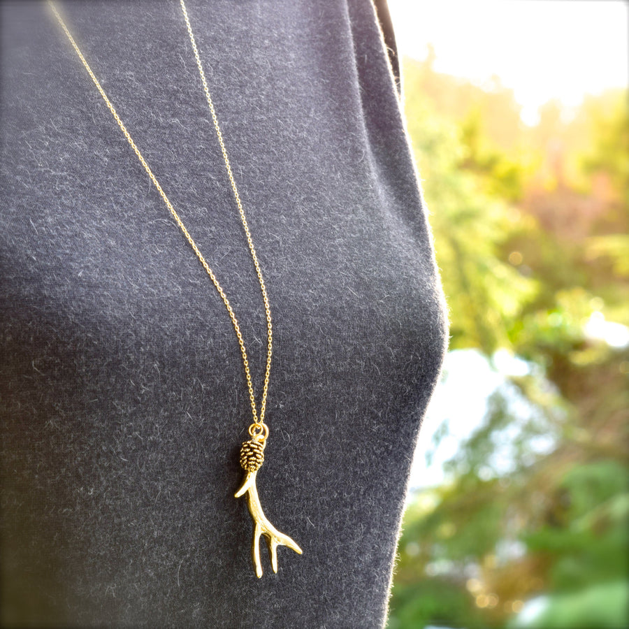 Gold Antler Necklace ~ Silver Pine Cone