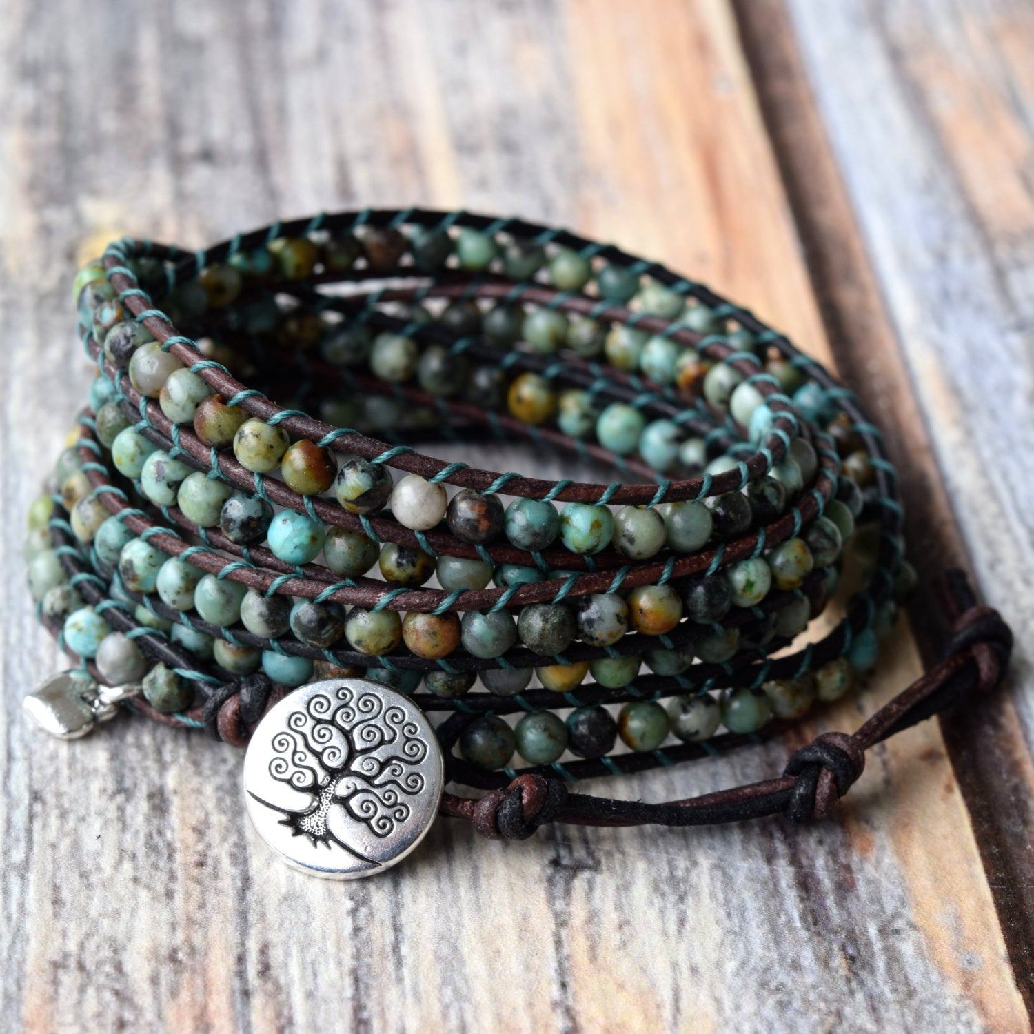 Classic African Turquoise 5-Wrap Bracelet & Tree of Life Button ...
